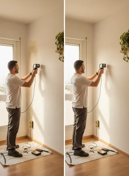 מומחה איתור נזקי מים בודק קיר עם מצלמה תרמית